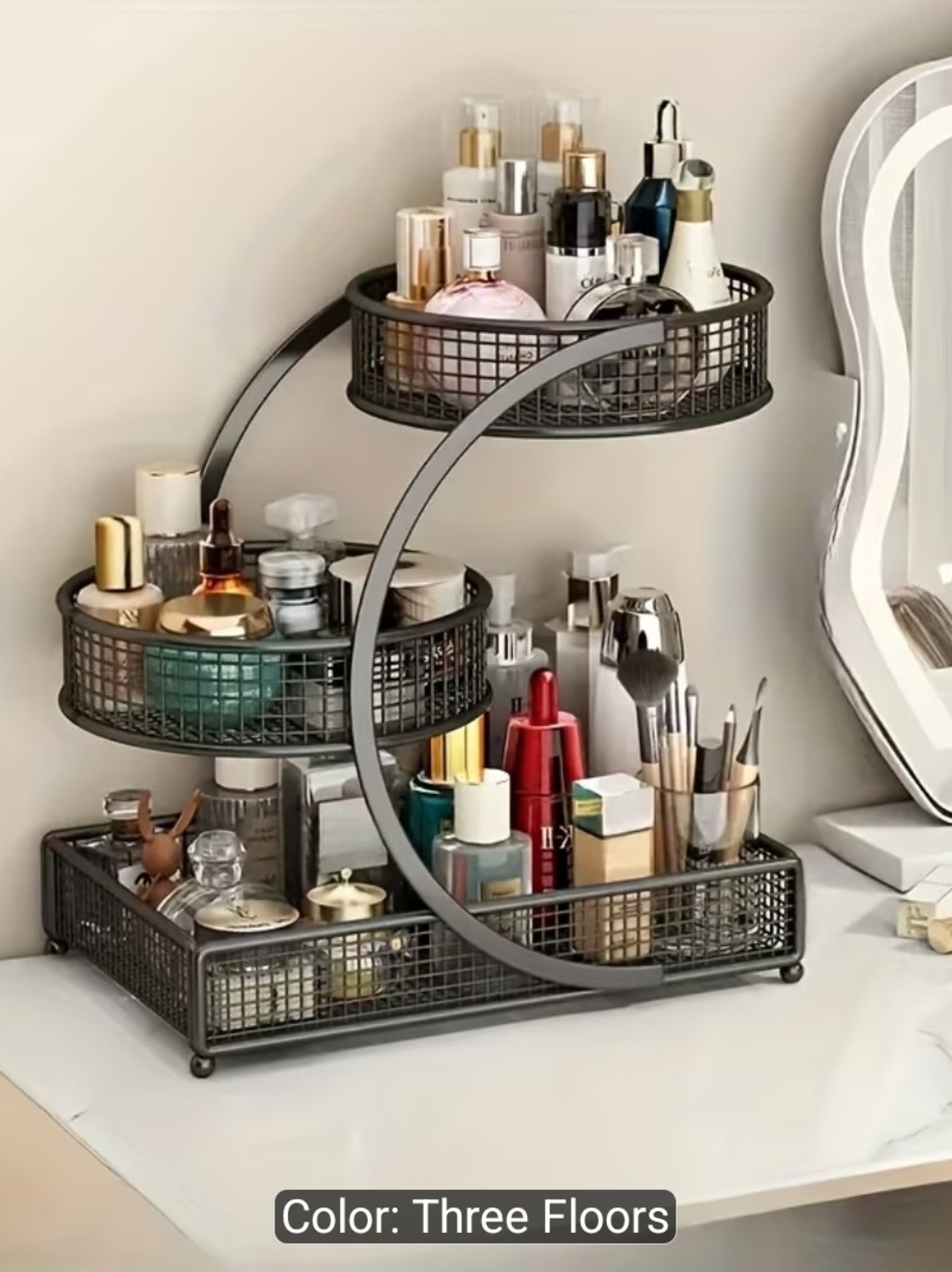 Three-Tier Black Metal Cosmetic Organizer - Home Storage